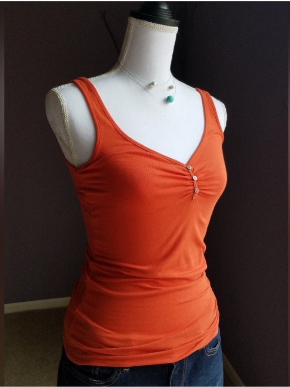 Bershka Fitted Pumpkin Orange Button Cotton Tank Top from Spain